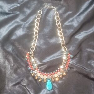 Blue and Red Statement Necklace with Teardrop Pendant
